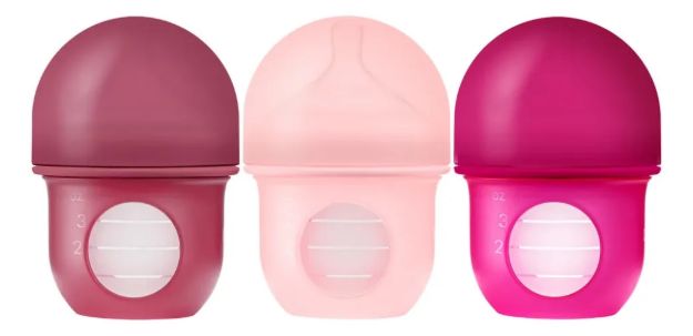 Imagen de Pack X 3 Mamadera Boon anticólico con bolsa y tetina de silicona 4oz (118 Ml)-Rosa