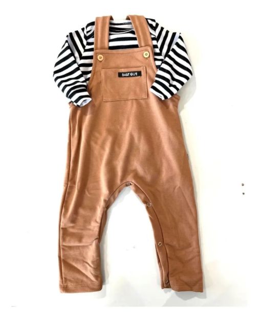 Imagen de Conjunto Remera Manga Larga Rayas Y Enterito Jardinera Bebes Marrón 36 A 42 Meses