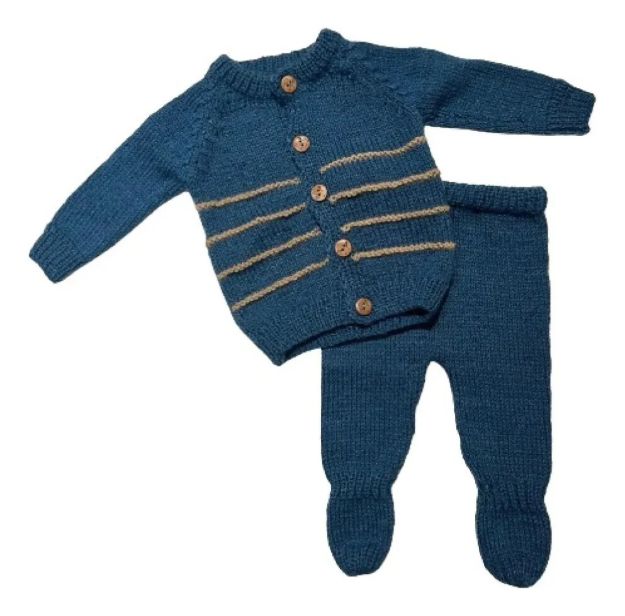 Imagen de Conjunto Tejido A Mano Saco Y Pelele Con Pie Hipoaler Bebes  - Azul - Recién nacido