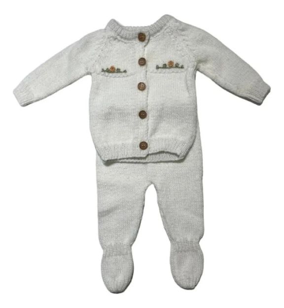 Imagen de Conjunto Tejido A Mano Saco Y Pelele Con Pie Hipoaler Bebes  - Blanco - Recién nacido