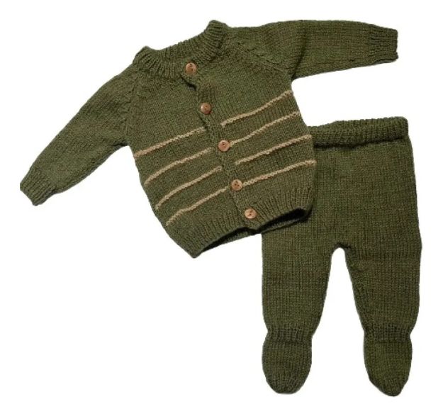 Imagen de Conjunto Tejido A Mano Saco Y Pelele Con Pie Hipoaler Bebes  - Verde - 0-3 meses