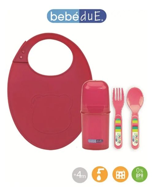 Imagen de Pack cubiertos y babero silicona con estuche Bebedue -verde